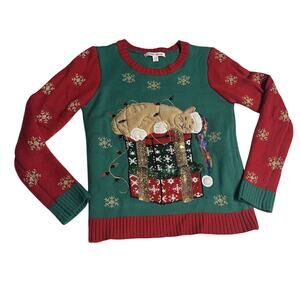 Celebrate Together Girls XL (14/16) Christmas Sweater Cat on Presents Party